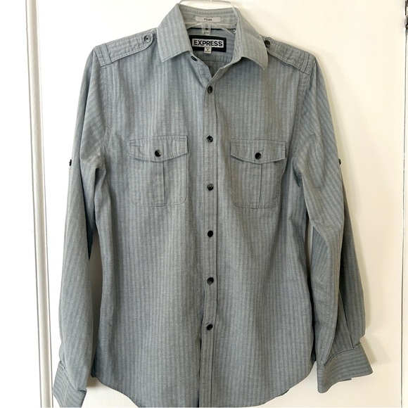 Express Men's Casual Button Down Shirt Gray Roll Tab Sleeve size Small 14 14.5 - Picture 2 of 16